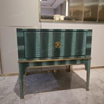 Green Embossed Leather Sofa Side Table with Single Drawer, Orange Interior and Gold-Tone Stainless Steel Trim